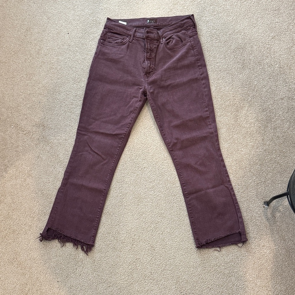 MOTHER Hustler cropped frayed kick Flare Jeans in Deep Purple/burgundy